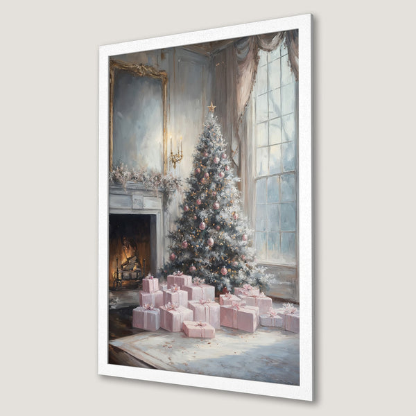 Framed Poster of a Christmas scene with a decorated tree and gifts. Soft, painterly style with a pastel color palette. Perfect holiday decor.