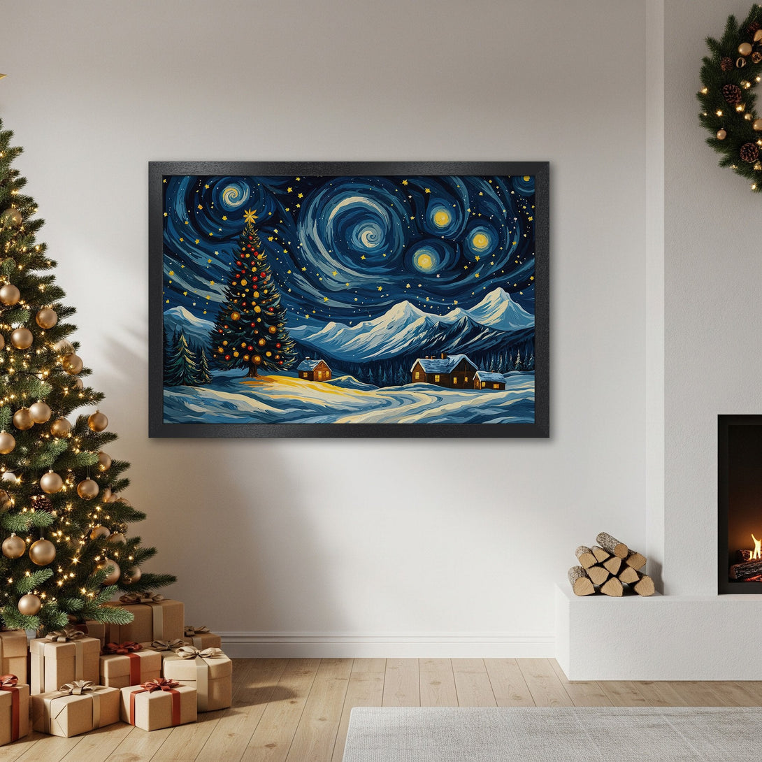 Framed Poster of a winter night scene with a Christmas tree, in a Van Gogh style, with blue and gold tones. Perfect for holiday decor!