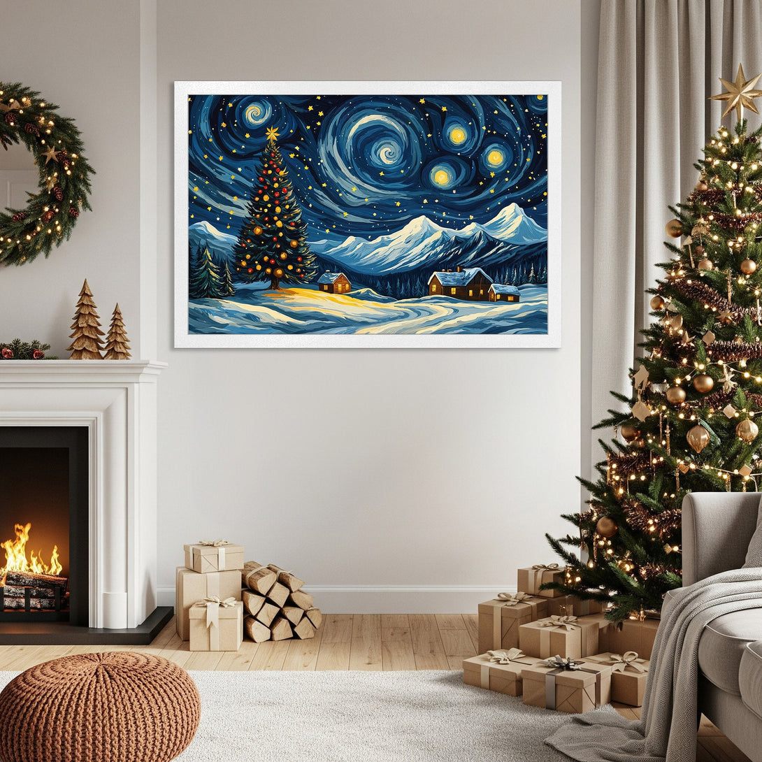 Framed Poster featuring a winter landscape with a starry night sky, in a vibrant blue and yellow palette. Perfect Christmas decor!