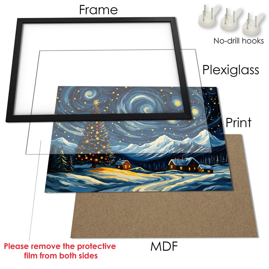 Framed Poster featuring a winter landscape scene in a painterly style with a cool blue and gold color palette. Perfect wall art!
