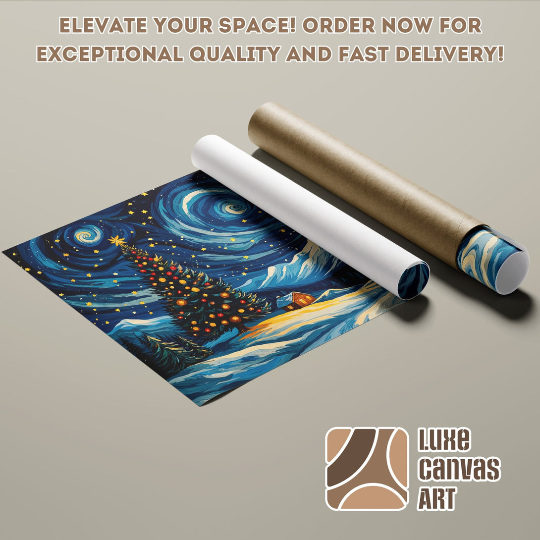 Poster Roll of a starry night Christmas tree art print, blue and gold palette.