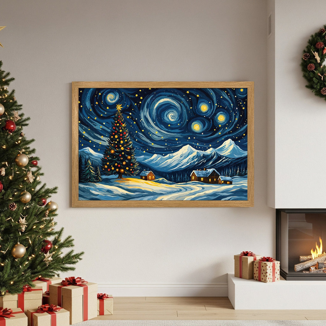 Framed Poster of a winter Christmas scene with starry night sky, in a Van Gogh style, blue & gold color palette. Perfect holiday decor!