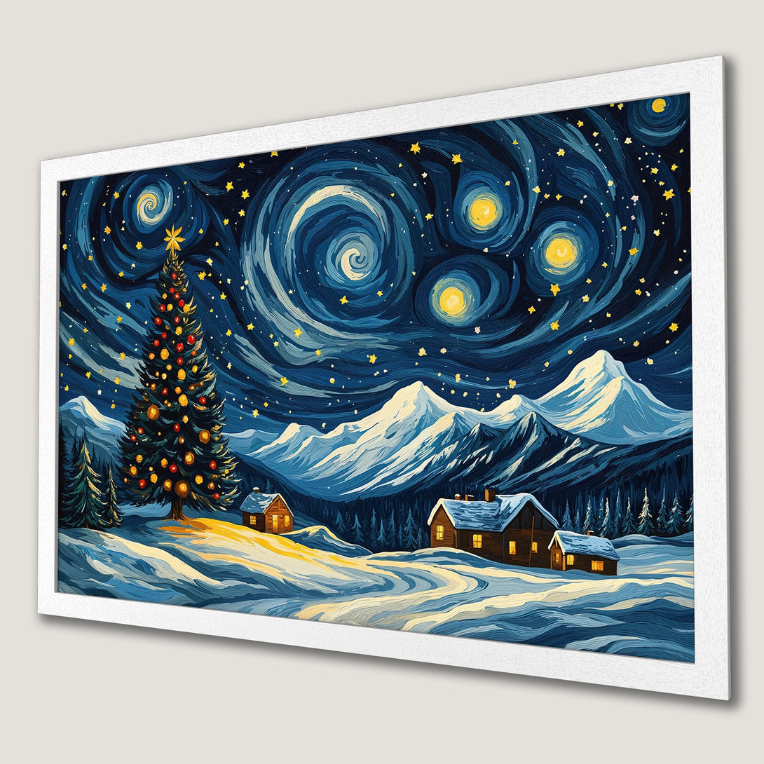 Framed Poster of a winter landscape with a starry night sky, painted in a Van Gogh style with blue, yellow, and white hues. Perfect holiday decor!