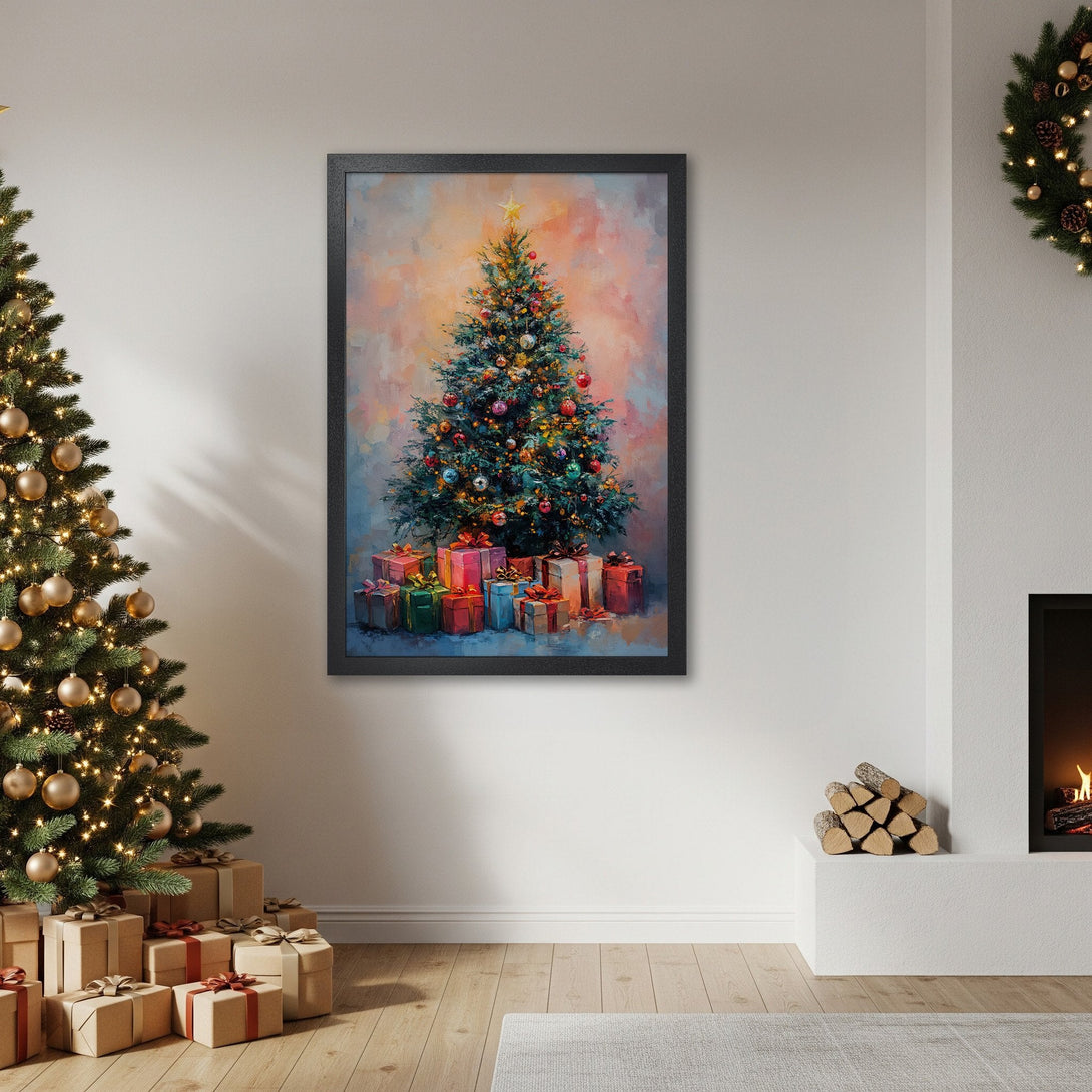 Framed Poster of a Christmas tree painting in a warm, colorful style. Perfect holiday decor.