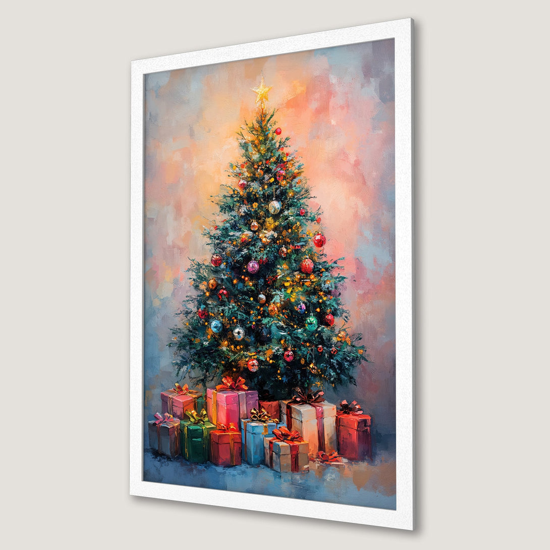 Framed Poster of a Christmas tree with gifts, painted in an impressionistic style with a warm, colorful palette. Perfect holiday decor!