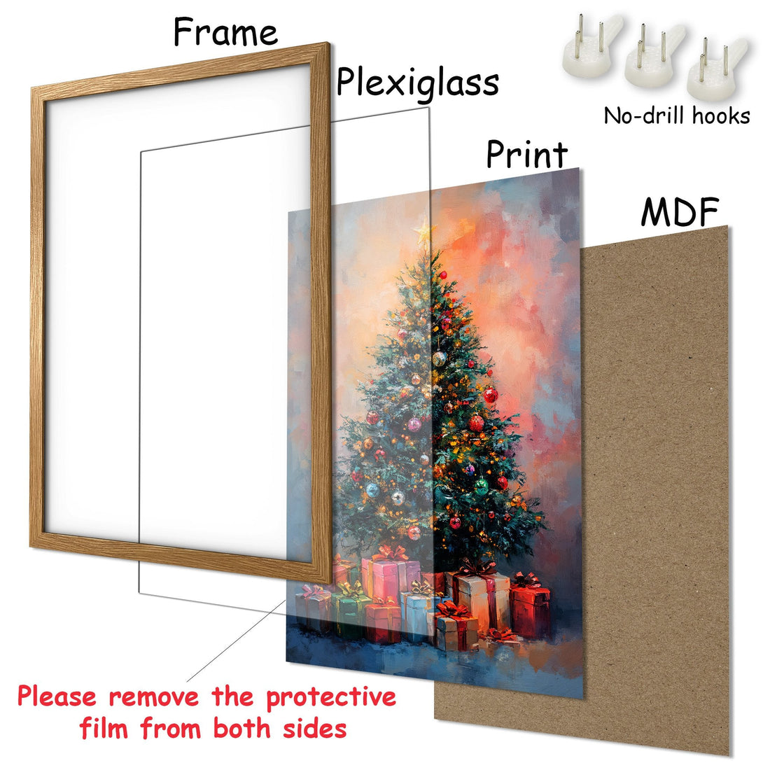 Framed Poster featuring a Christmas tree painting in a vibrant, impressionistic style with a warm color palette. Ready to hang!