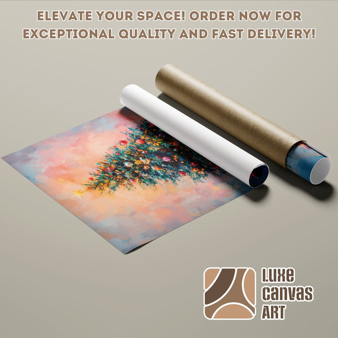 Christmas tree art poster roll, impressionistic style, warm pink & blue palette. Order yours today!