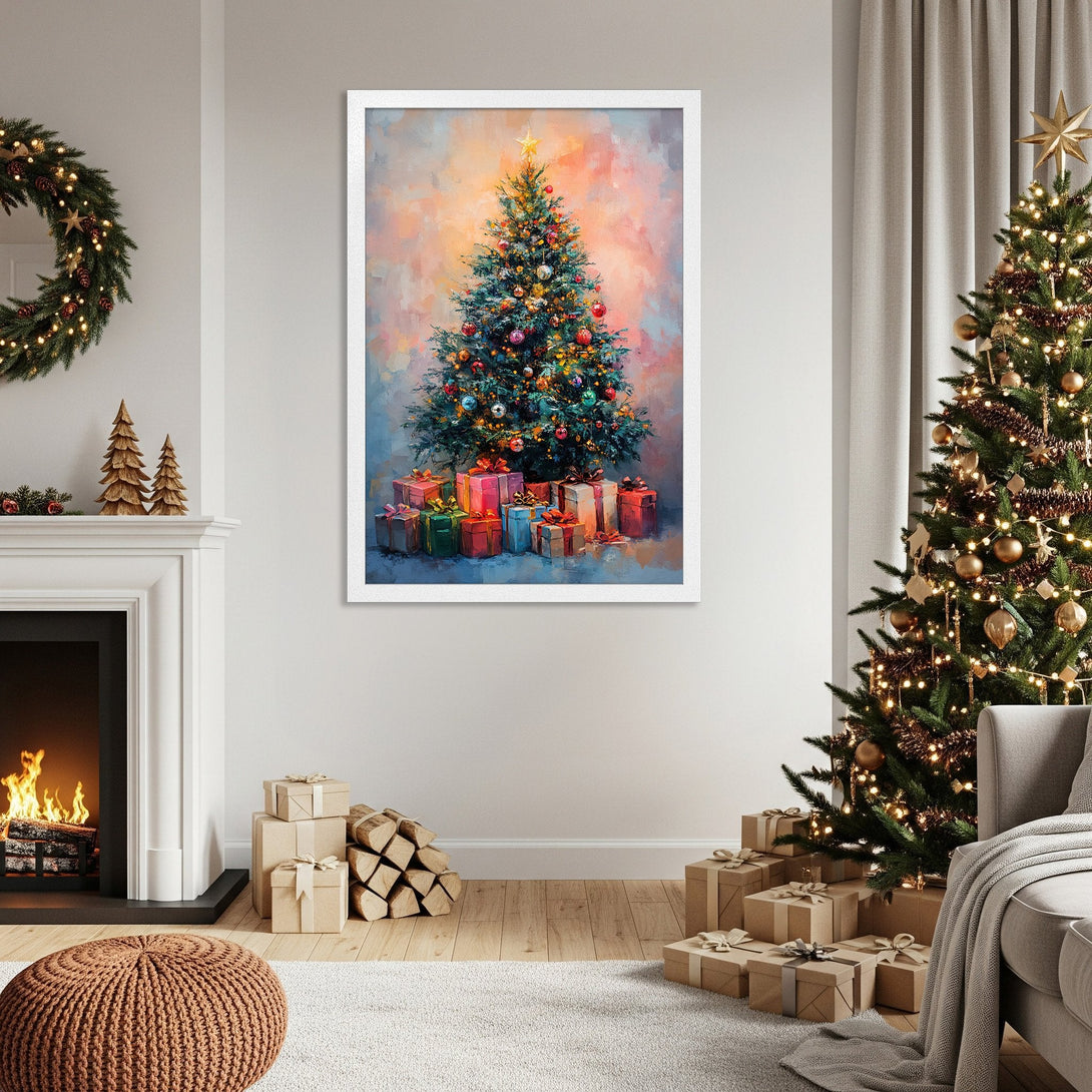 Framed Poster featuring a Christmas tree painting in a warm, colorful palette. Perfect holiday decor!
