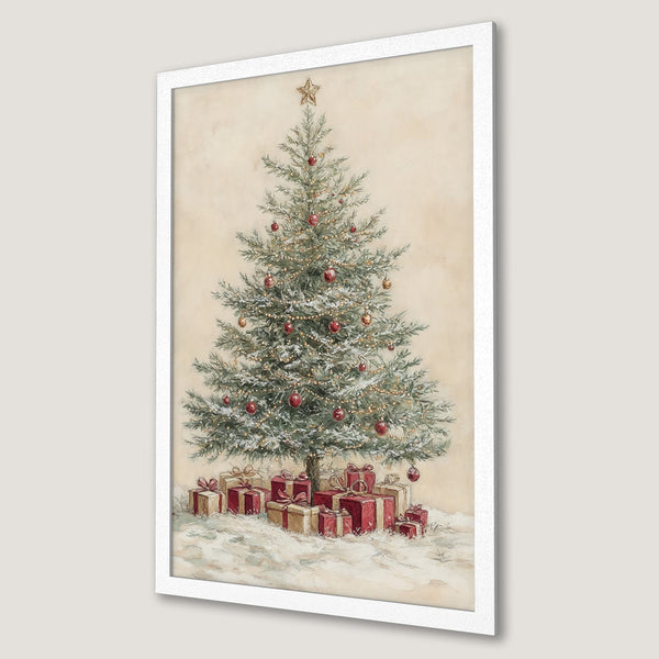 Framed Poster featuring a watercolor Christmas tree with red and gold ornaments. Soft, warm color palette for holiday decor.