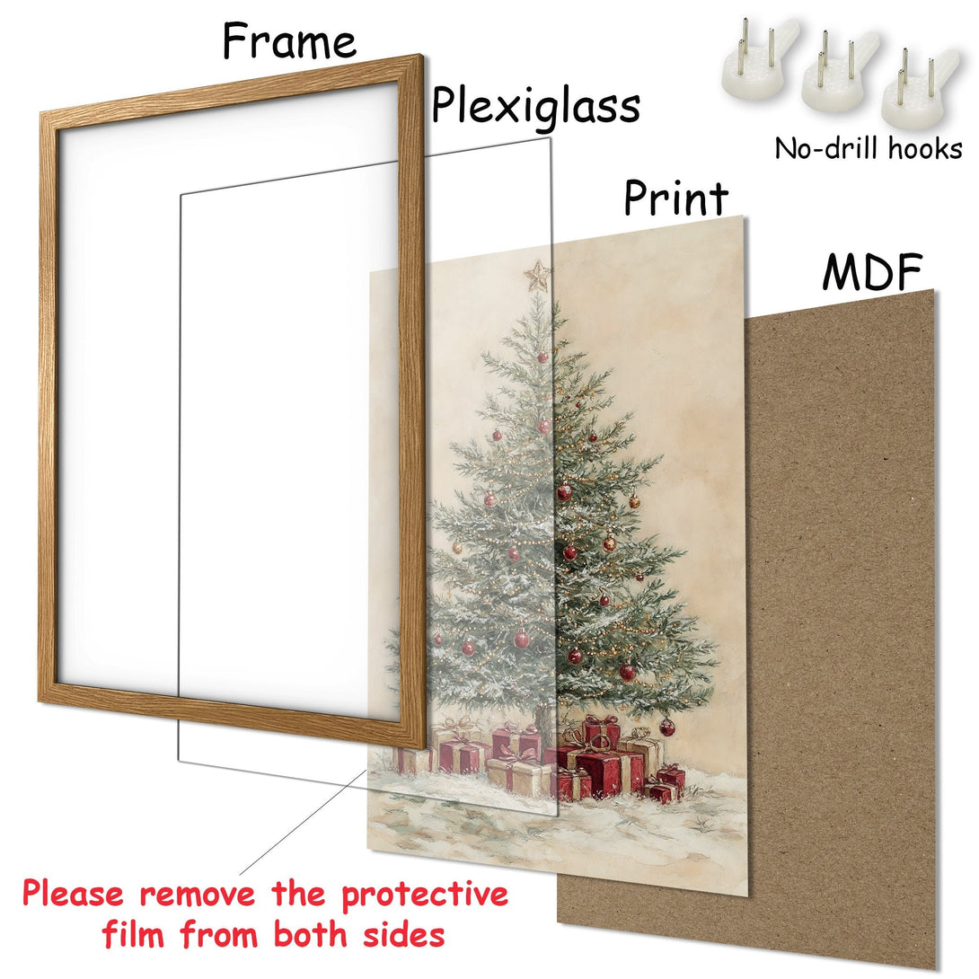 Framed Poster featuring a vintage Christmas tree illustration in warm tones. Perfect holiday decor!