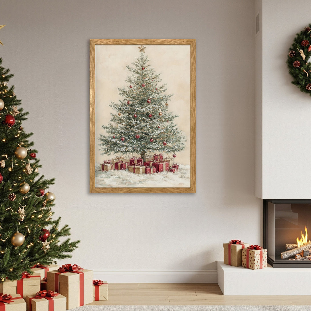 Framed Poster featuring a Christmas tree illustration. Warm, inviting style with a neutral and red color palette. Perfect holiday wall art.