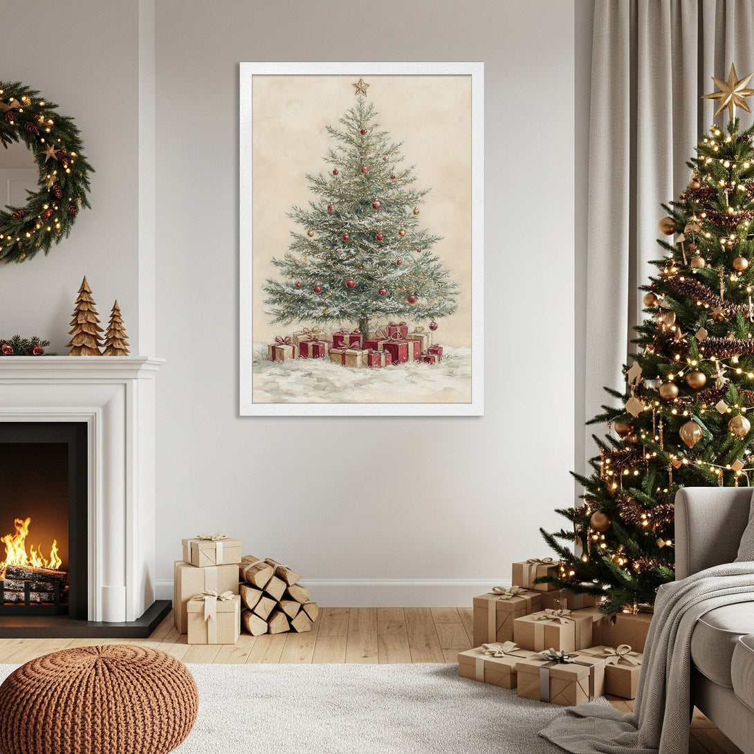 Framed Poster featuring a watercolor-style Christmas tree with red ornaments. Warm, inviting color palette with beige, green, and red tones. Perfect holiday decor.