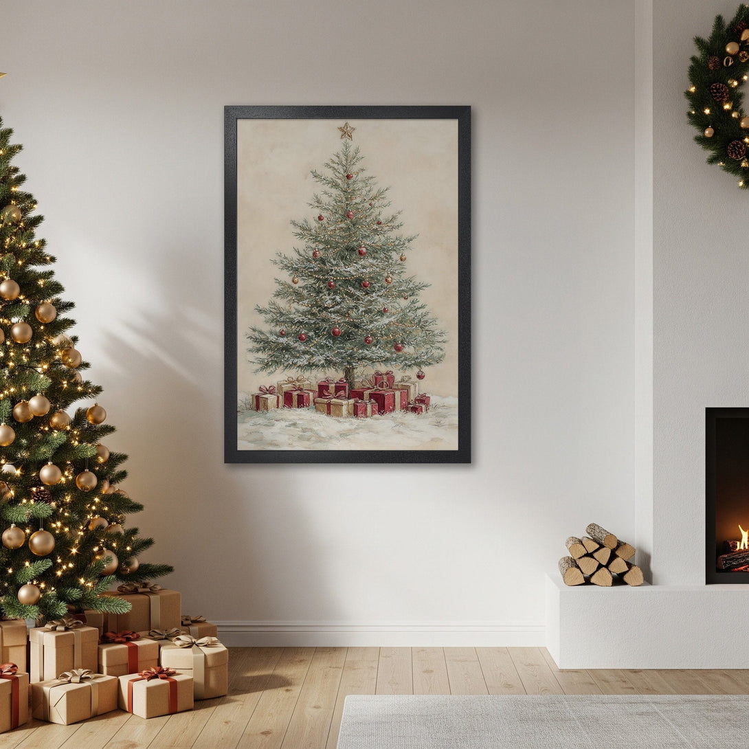 Framed Poster featuring a vintage Christmas tree painting. Warm, inviting color palette perfect for holiday decor.
