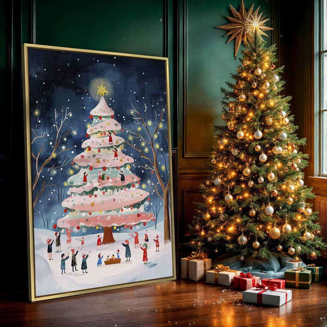 Canvas Print of a whimsical Christmas scene, featuring a pink tree and children. Soft, dreamy illustration style with a cool, muted color palette. Perfect holiday decor!
