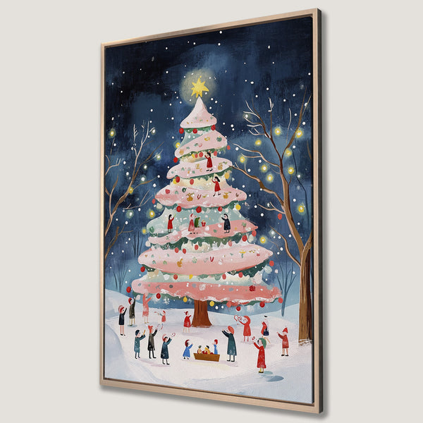 Framed Wall Art: Whimsical Christmas scene with a pink tree, children, and a snowy landscape. Charming illustration with a blue, pink, and gold color palette. Perfect holiday decor.