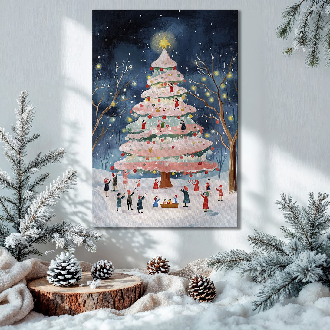 Framed Wall Art: Whimsical Christmas tree scene in a cozy interior. Pastel pinks, blues, and greens create a warm, festive holiday feel.