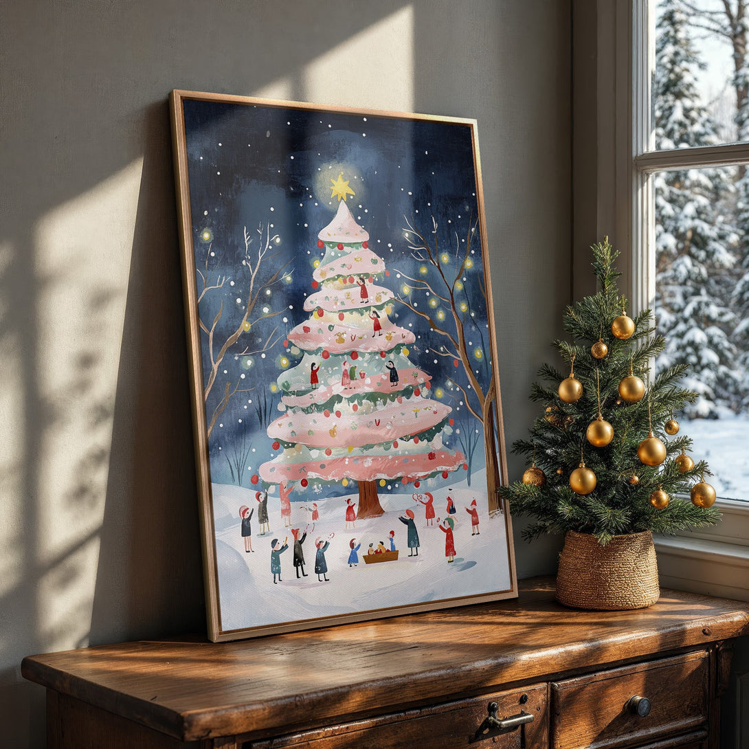 Framed Wall Art: Whimsical Christmas tree painting with a charming, storybook style. Features a blue, pink, and white color palette, perfect for holiday decor.