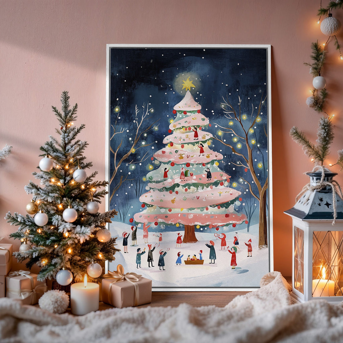 Framed Wall Art: Whimsical Christmas scene with a pink tree, people, and a snowy backdrop. Warm, inviting color palette. Perfect holiday decor!