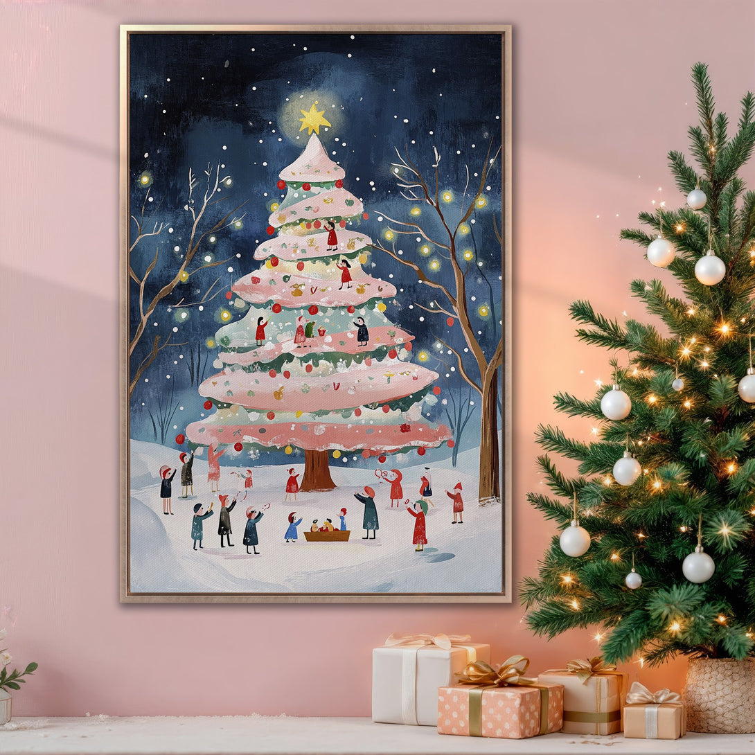 Framed Wall Art: Whimsical Christmas scene with a pink and blue color palette. Festive illustration of a decorated tree and people, perfect holiday decor.