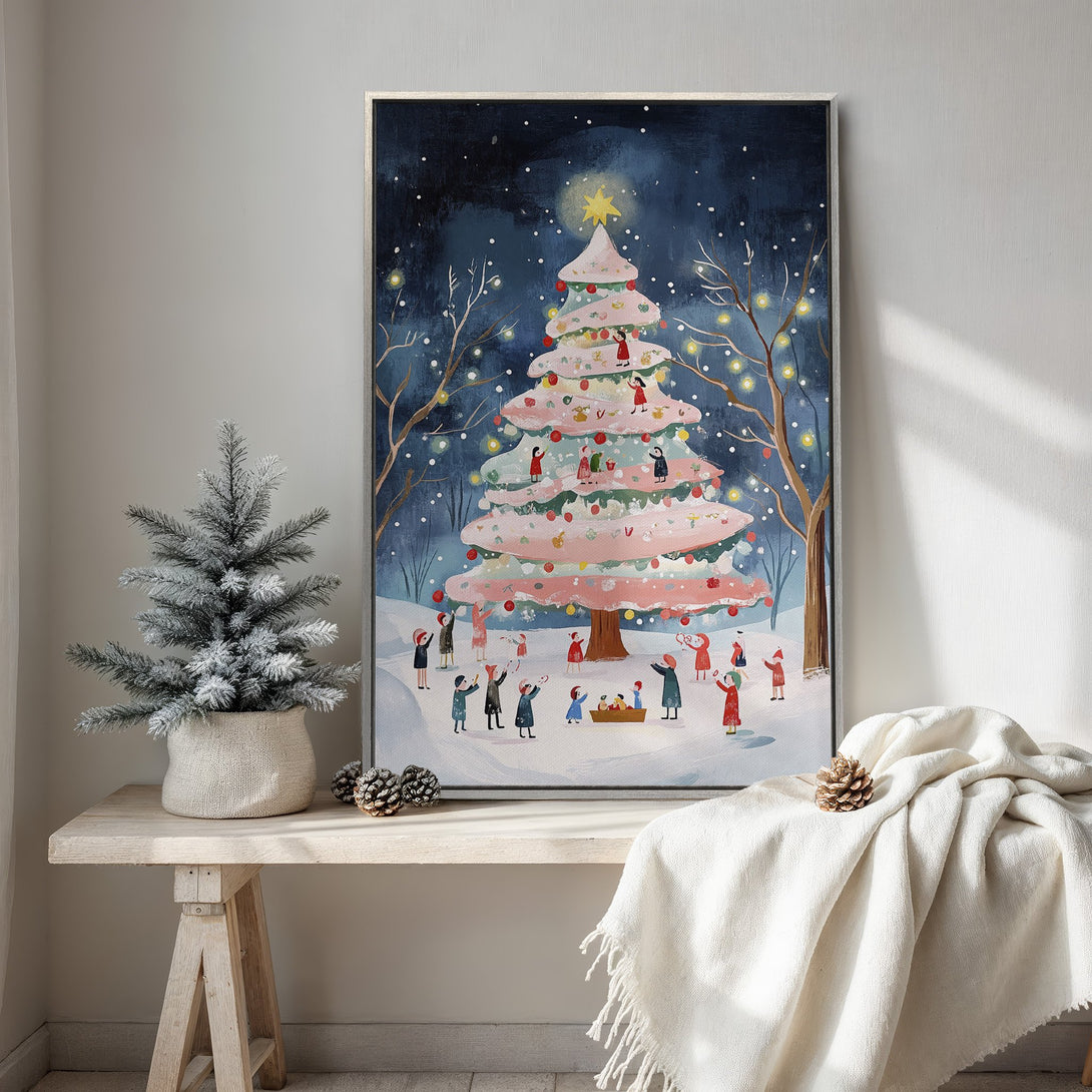 Framed Wall Art: Whimsical Christmas tree scene in soft pinks, blues, and whites. Perfect holiday decor with a cozy, illustrated style. Add festive cheer to your home!