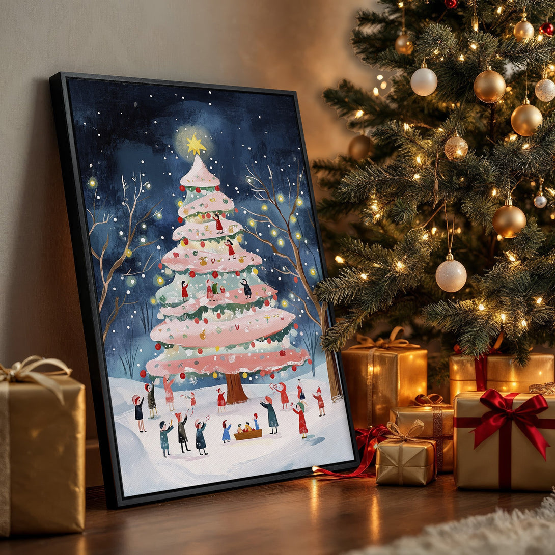 Framed Wall Art: Whimsical Christmas tree painting in a cozy interior. Featuring a blue, pink, and gold color palette, perfect holiday decor.