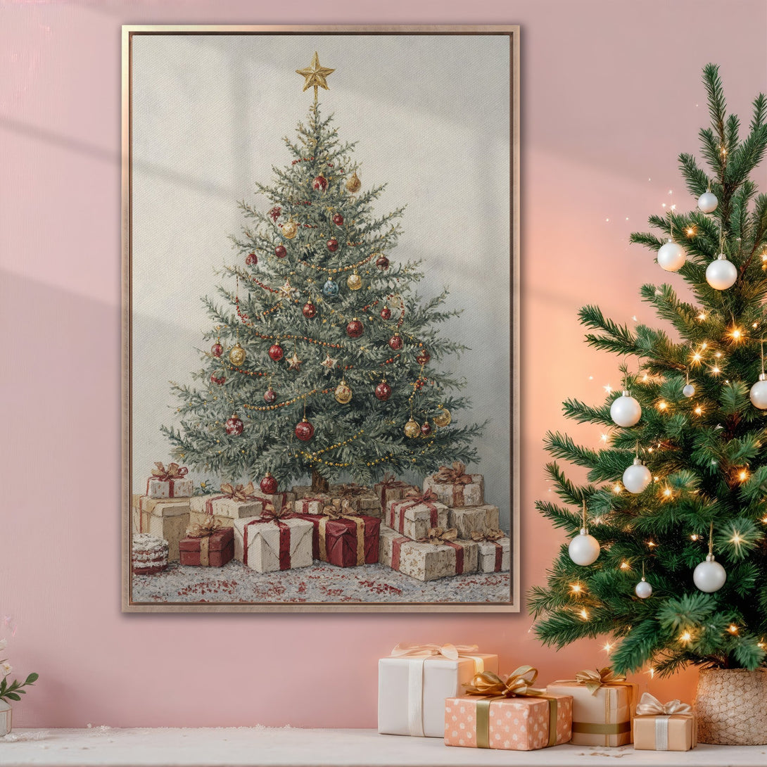 Framed Wall Art: Vintage Christmas tree painting with red, gold, and green accents. Perfect holiday decor! Warm color palette, cozy and festive.
