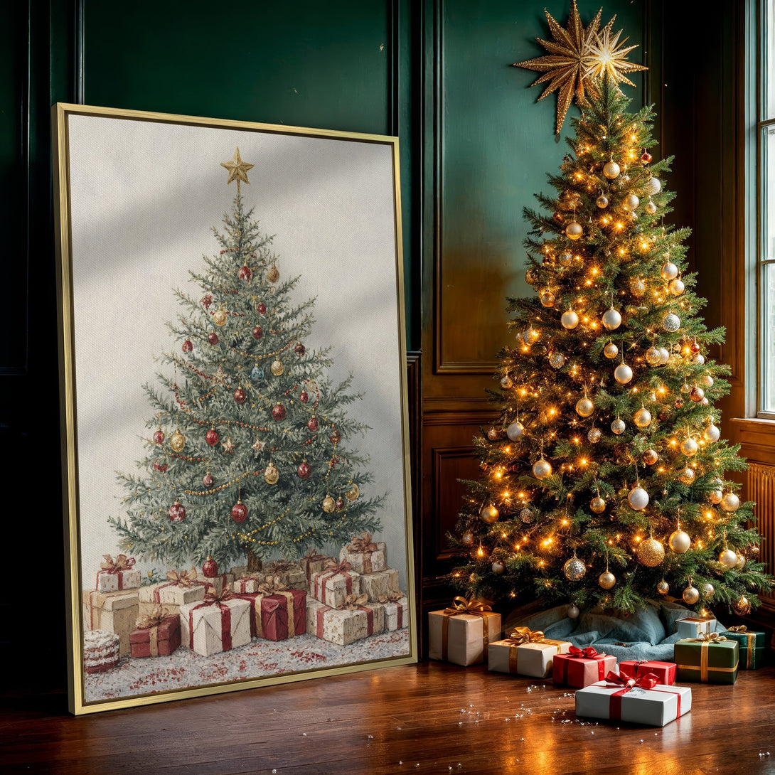 Canvas Print of a festive Christmas tree, showcasing a vintage style with warm red and gold tones, perfect for holiday decor.