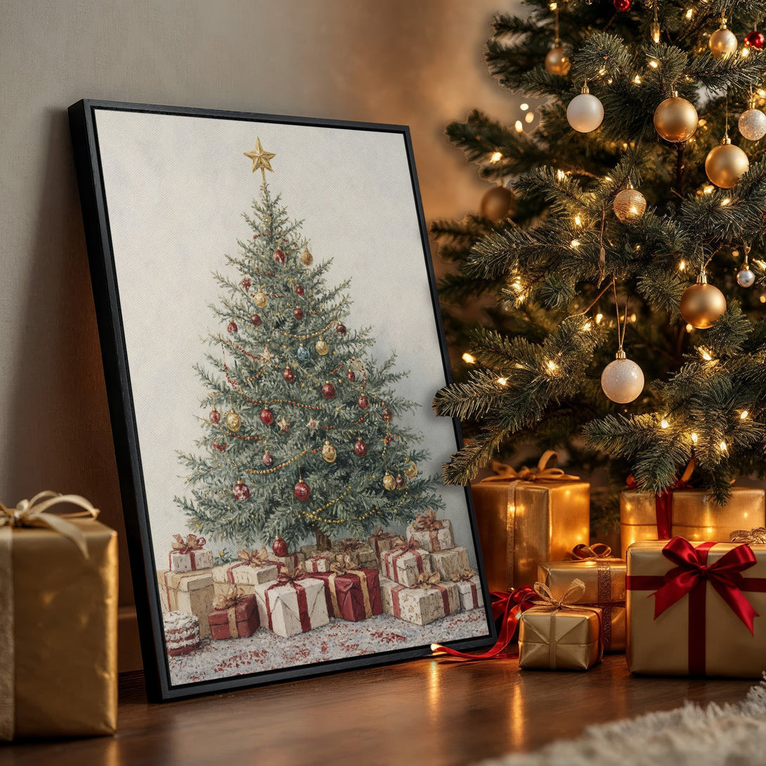 Framed Wall Art: Christmas tree painting with warm gold, red, and green tones. Festive holiday decor for your home.