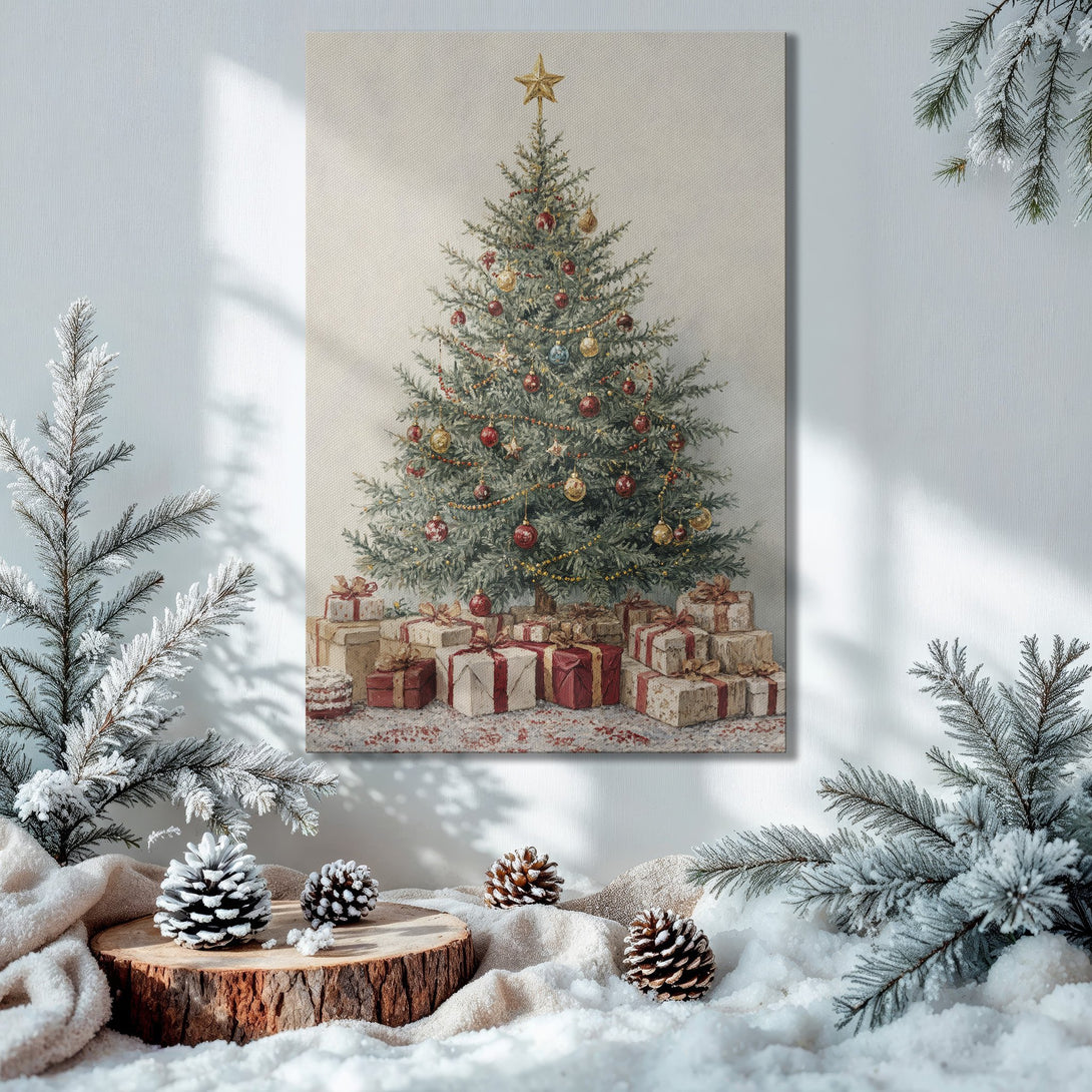 Framed Wall Art: Christmas tree canvas print in a cozy, festive interior. Warm gold, red, and green color palette. Perfect holiday decor.