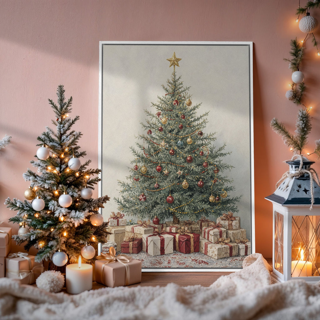 Framed Wall Art: Vintage Christmas tree print in a cozy interior. Warm, inviting color palette with greens, reds, and golds. Perfect holiday decor!