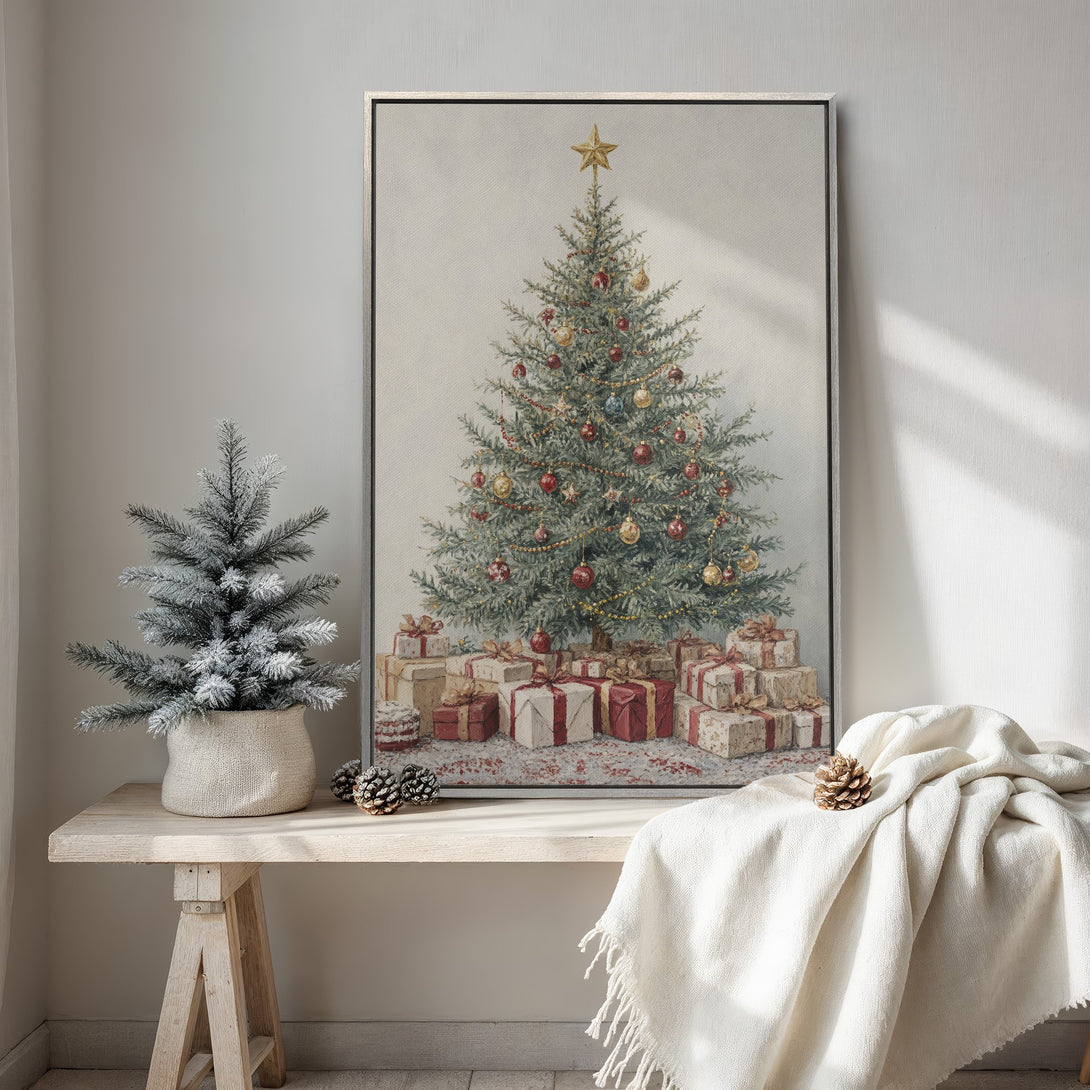 Framed Wall Art: Vintage Christmas tree painting with warm red and gold accents. Cozy holiday decor in a neutral, inviting interior.