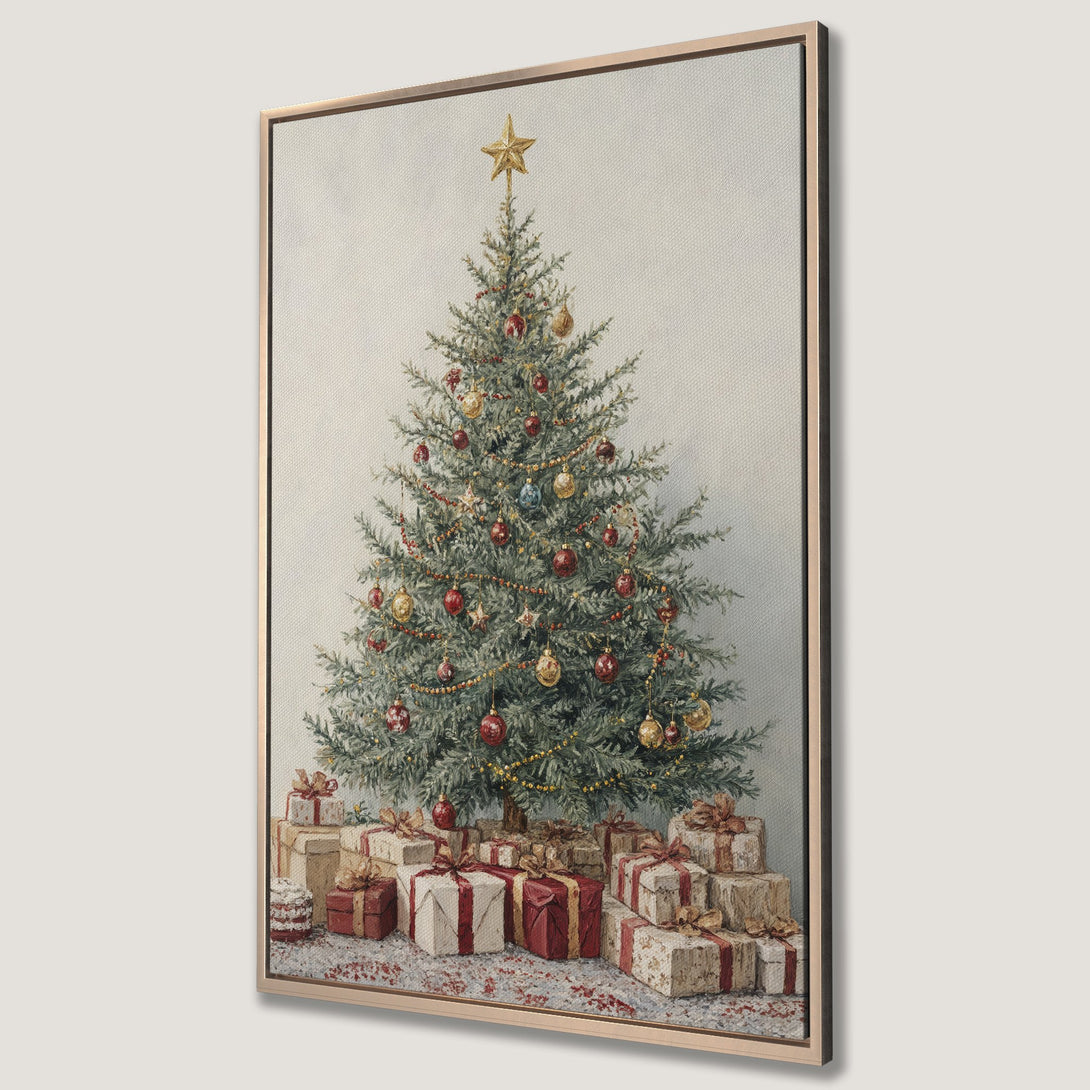 Framed Wall Art: Festive Christmas tree canvas print with red, gold, and green color palette. Perfect holiday decor for a cozy, traditional style.