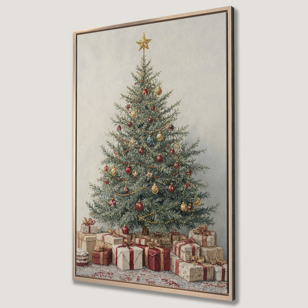 Framed Wall Art: Festive Christmas tree canvas print with red, gold, and green color palette. Perfect holiday decor for a cozy, traditional style.