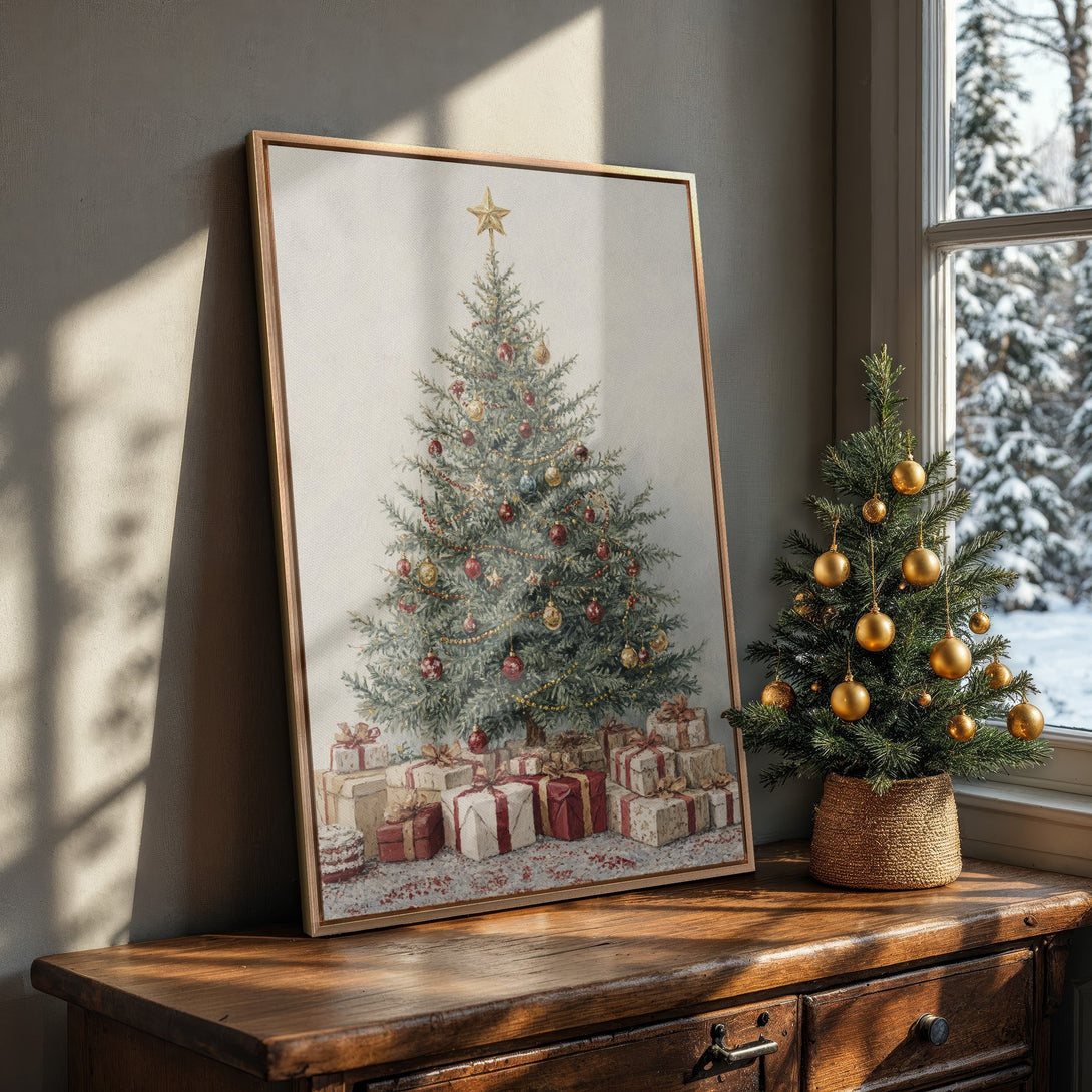 Framed Wall Art of a festive Christmas tree painting in a vintage style, with a warm, neutral color palette. Perfect holiday decor!