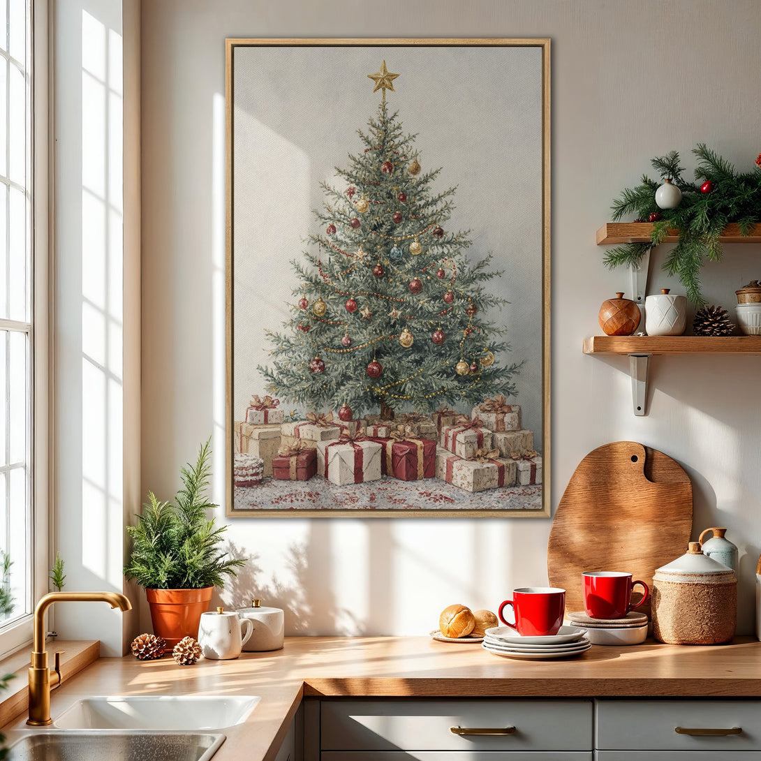 Framed Wall Art: Vintage Christmas tree print in a cozy kitchen. Neutral tones with pops of red create a warm, inviting holiday vibe. Perfect for seasonal decor!