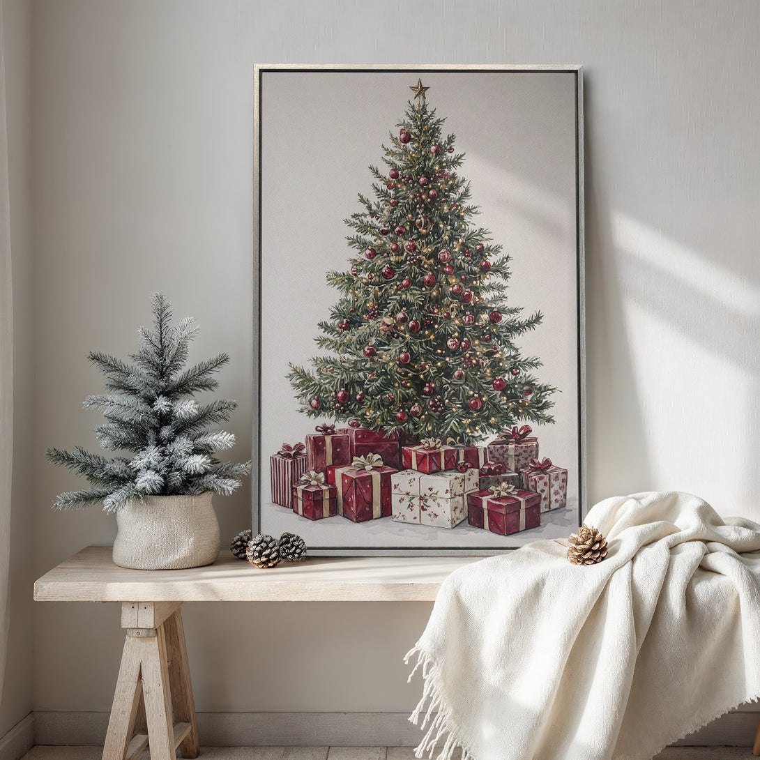 Framed Wall Art: Watercolor Christmas tree print in red and green, displayed in a cozy interior setting. Perfect holiday decor with a neutral color palette.
