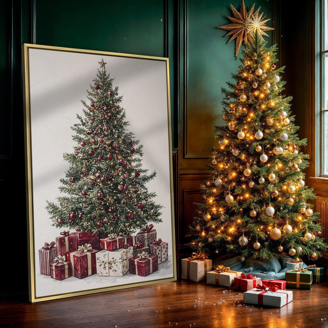 Canvas Print of a watercolor Christmas tree with red ornaments and gifts, warm festive colors. Perfect holiday wall art!