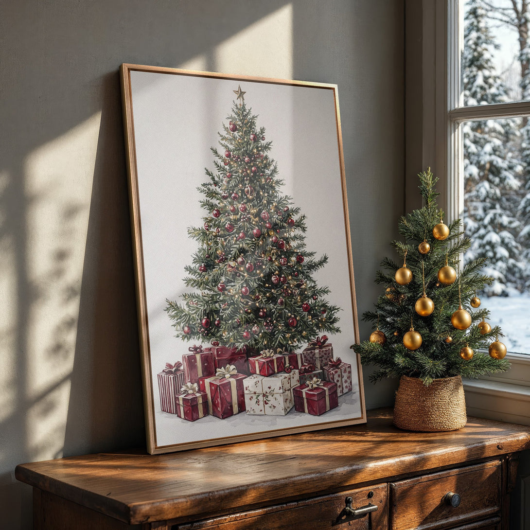 Framed Wall Art: Watercolor Christmas tree print with red and green accents. Perfect holiday decor for a cozy, inviting space.