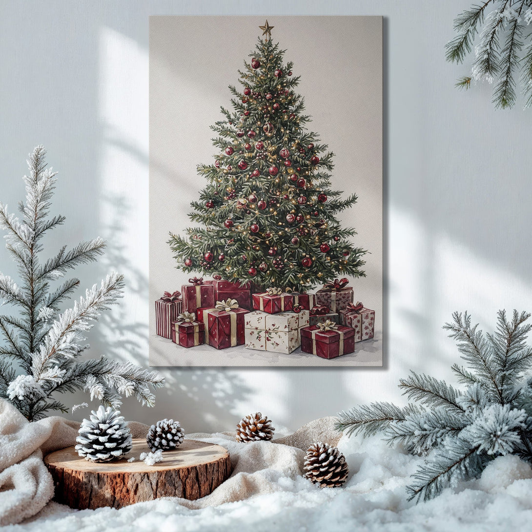 Framed Wall Art: Watercolor Christmas tree print with red & gold accents. Festive holiday decor in a cozy interior with a green & gold palette.