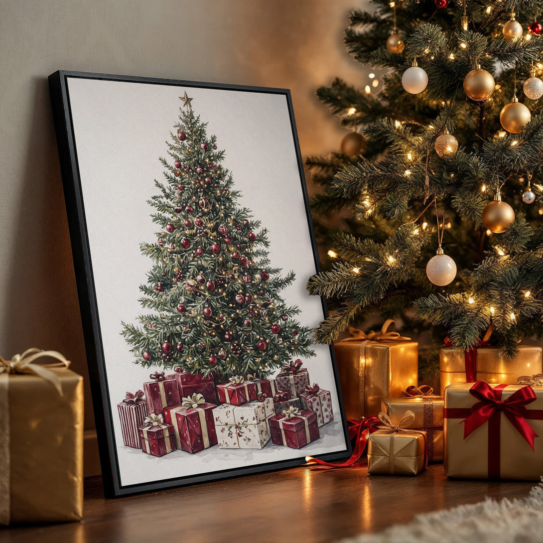 Framed Wall Art featuring a watercolor Christmas tree with red and green accents. Festive holiday decor with warm gold tones. Perfect for seasonal home styling.