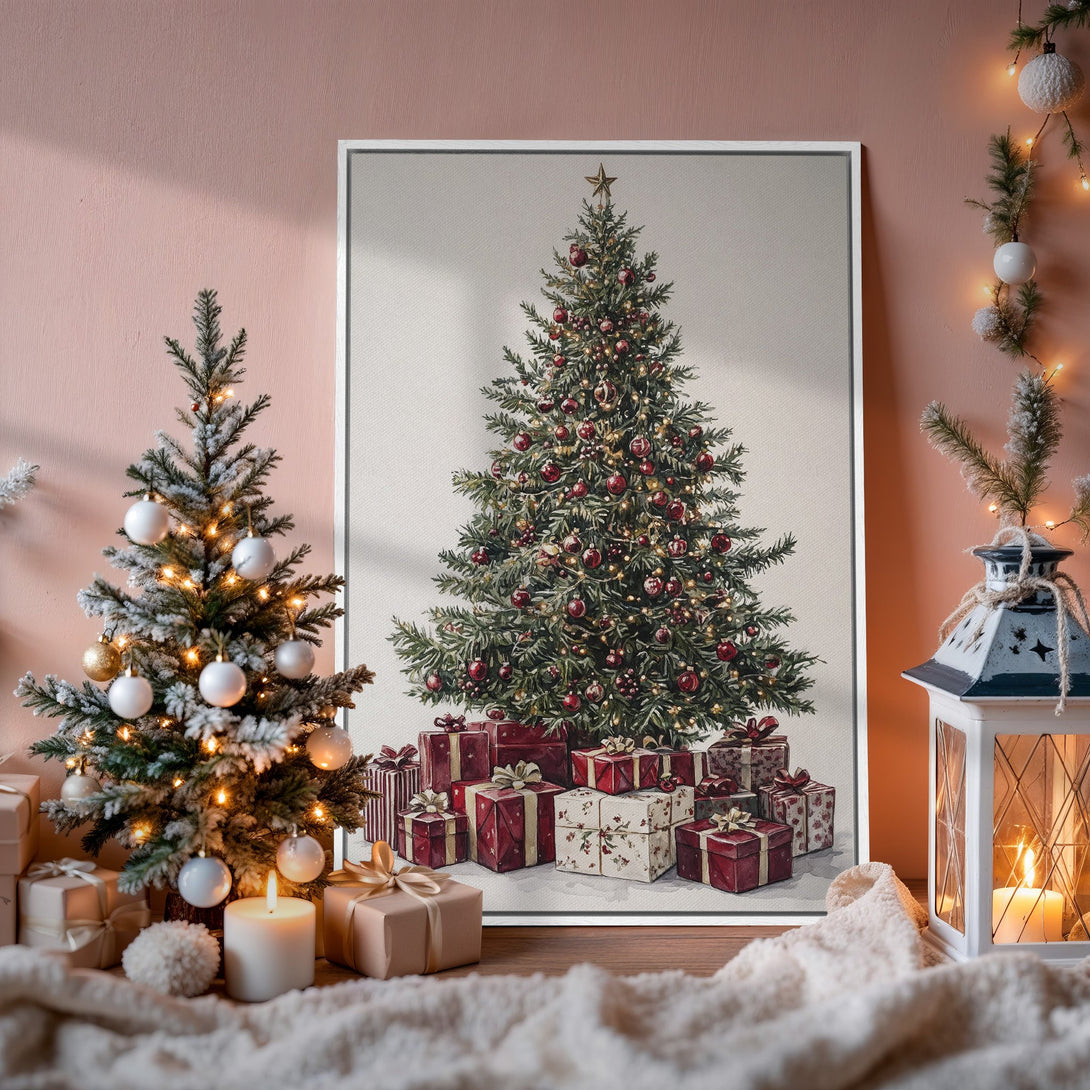 Framed Wall Art: Watercolor Christmas tree print with red and green accents. Warm, inviting holiday decor in a cozy interior setting. Shop now!