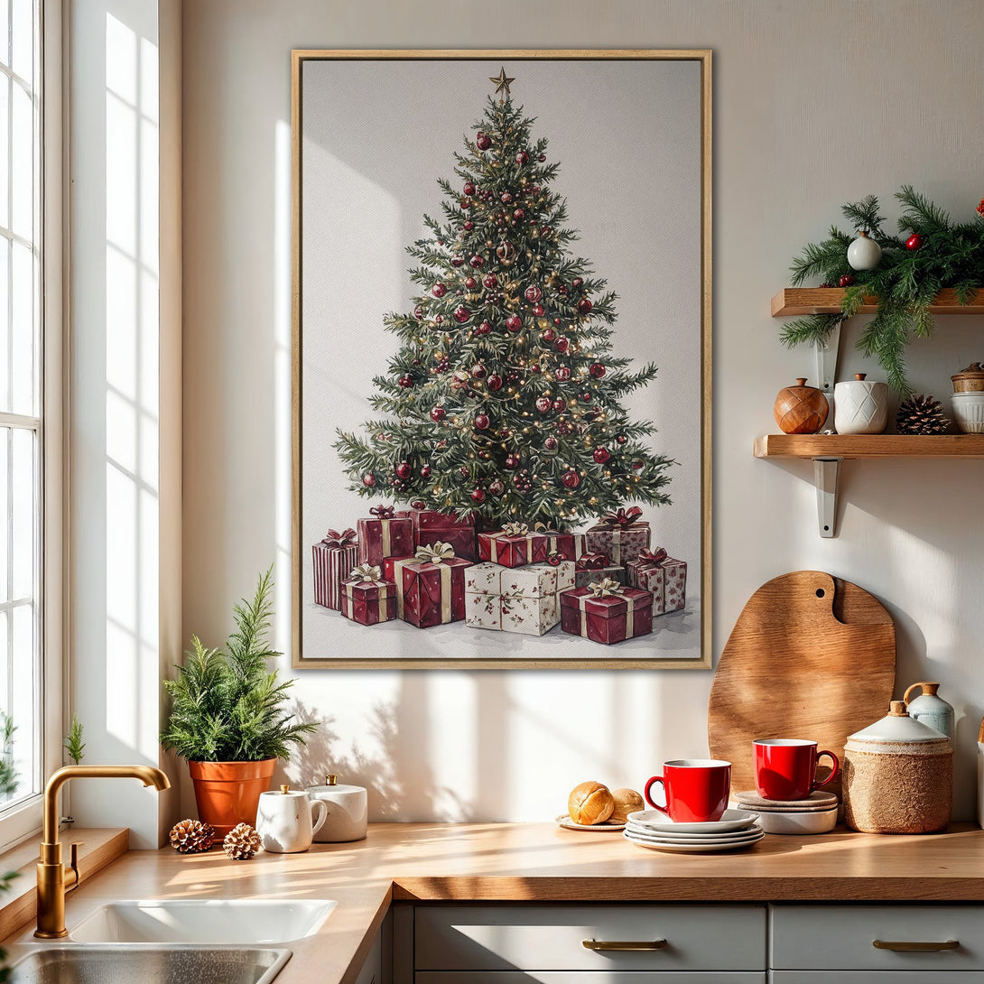 Framed Wall Art: Watercolor Christmas tree print with red and green accents, displayed in a cozy kitchen setting. Perfect holiday decor!