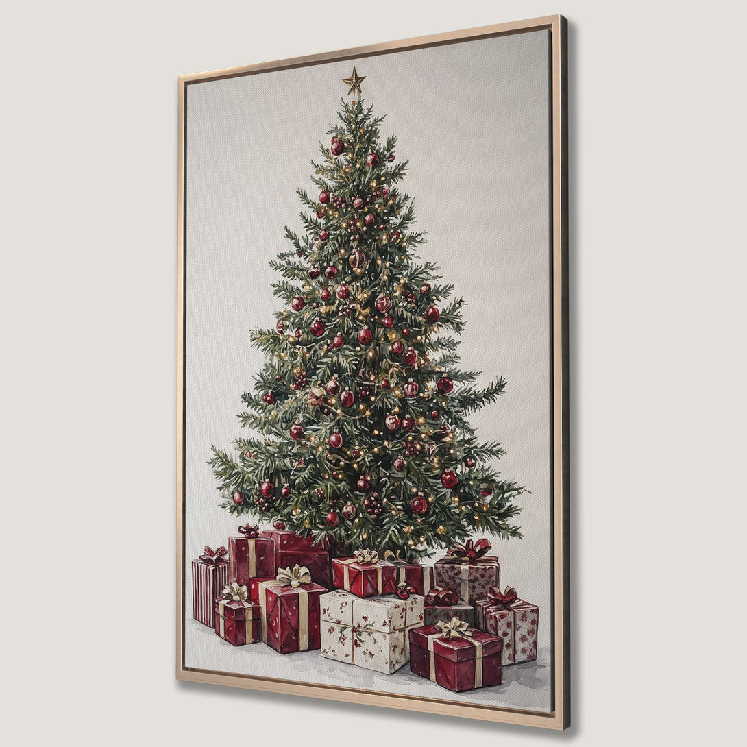 Framed Wall Art: Watercolor Christmas tree with red ornaments and gifts. Festive holiday wall decor in a warm red and green color palette.