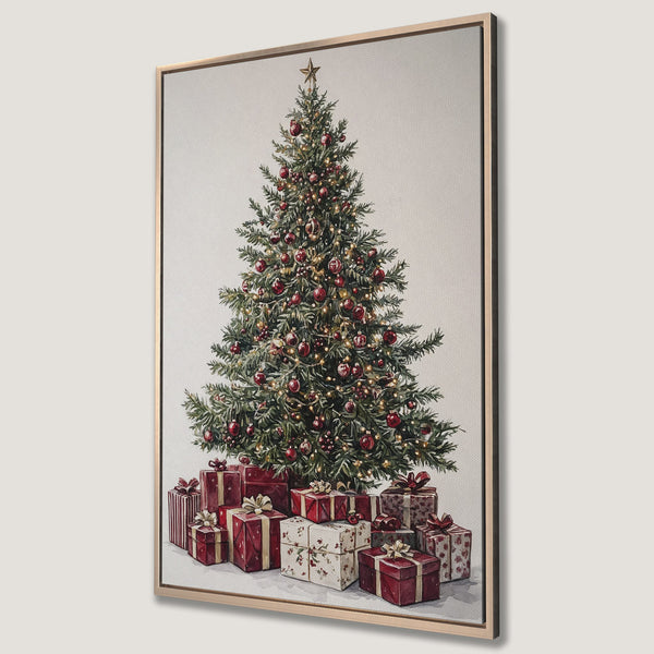 Framed Wall Art: Watercolor Christmas tree with red ornaments and gifts. Festive holiday wall decor in a warm red and green color palette.