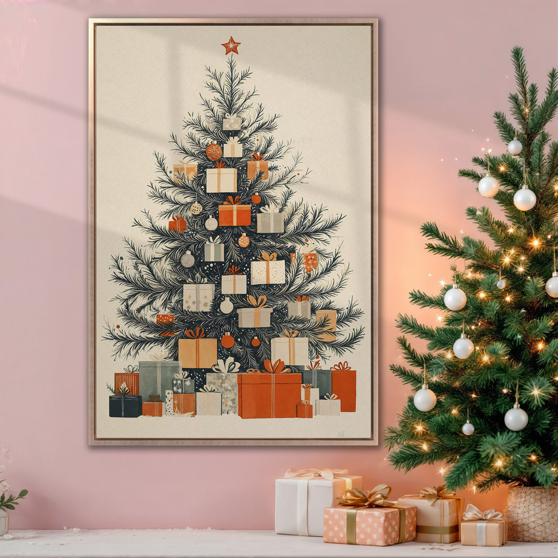 Framed Wall Art: Festive Christmas tree illustration with presents. Warm, inviting color palette of orange, cream, and green. Perfect holiday decor.
