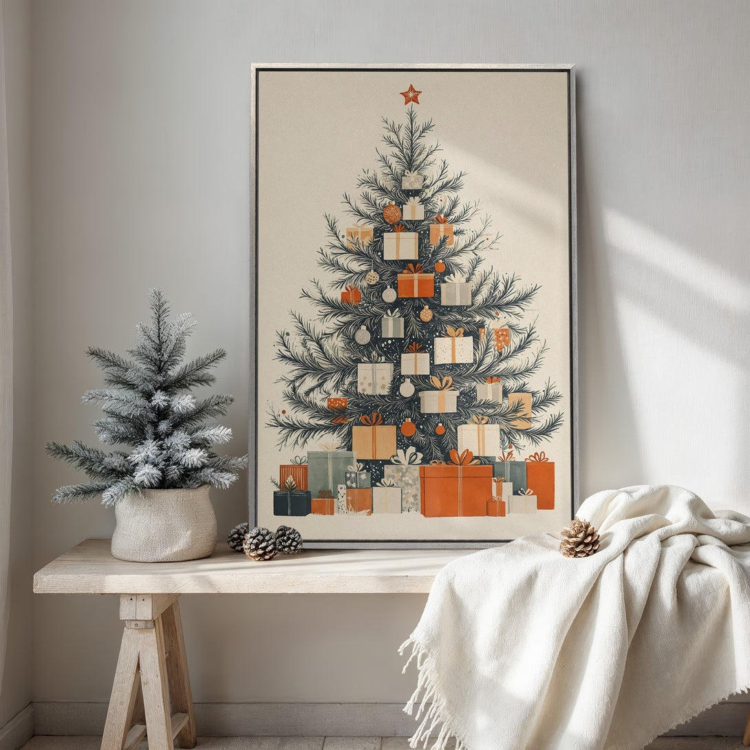 Framed Wall Art: Festive Christmas tree illustration in a cozy interior. Warm, neutral color palette with pops of orange and green. Perfect holiday decor!