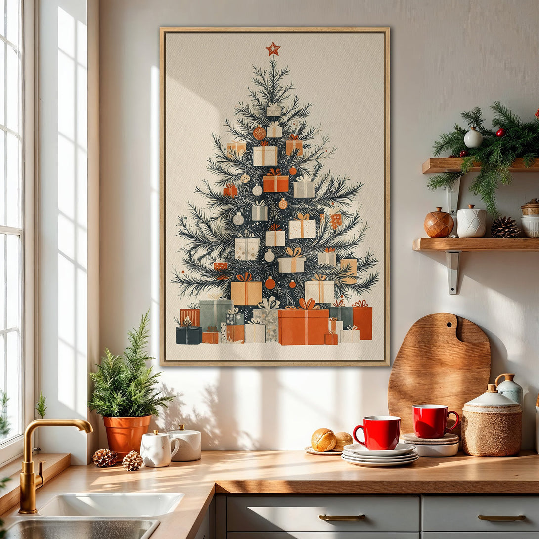 Framed Wall Art featuring a festive Christmas tree illustration with gifts, in a cozy, neutral color palette. Perfect holiday decor!