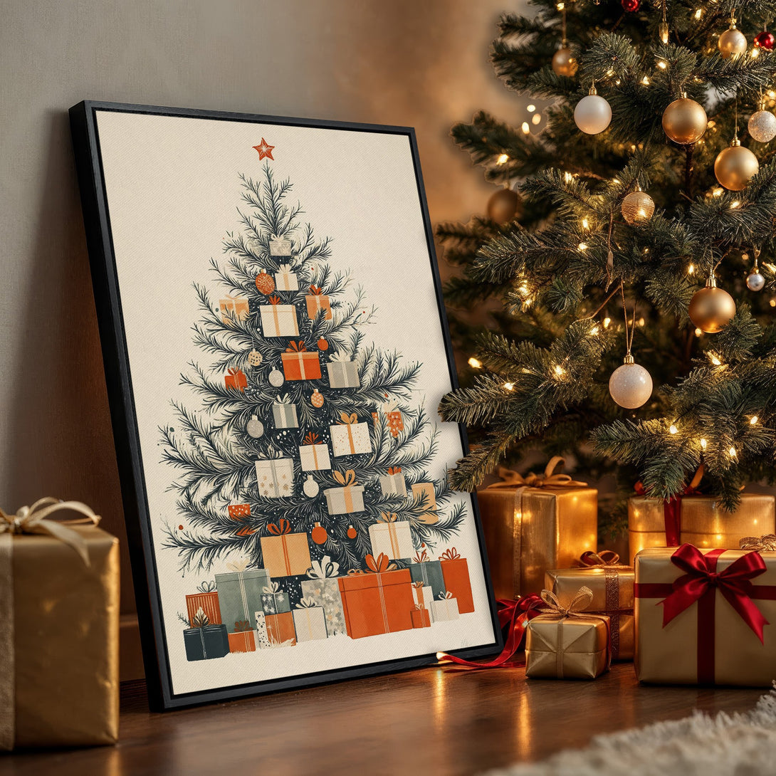 Framed Wall Art: Festive Christmas tree illustration in a warm, inviting interior. Vintage style with a cream, orange, and green color palette. Perfect holiday decor!