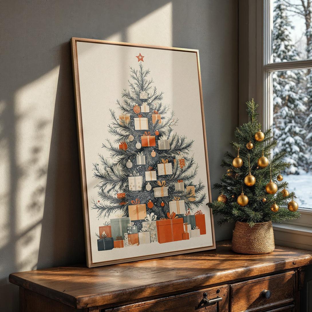 Framed Wall Art: Festive Christmas tree art print in a warm, inviting interior. Features a minimalist style with a muted color palette of orange, green, and cream.