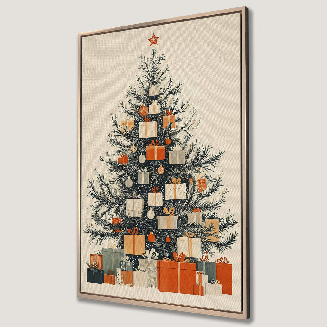 Framed Wall Art: Vintage Christmas tree print with gifts. Features a warm, neutral color palette with pops of red and green. Perfect holiday decor.